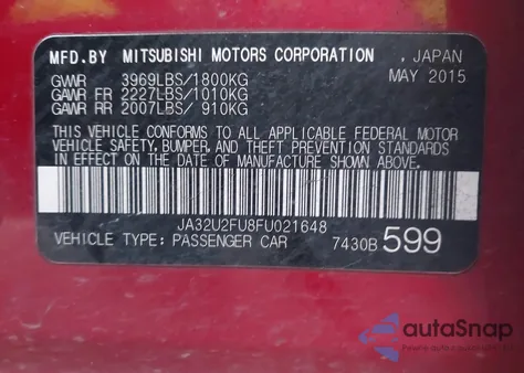 2015 Mitsubishi Lancer Es из США, поврежденный, VIN JA32U2FU8FU021648